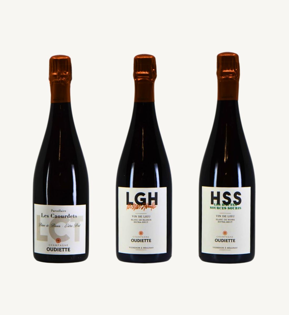 Mix 3 Bouteilles 75 cl – 1x Champagne “LGH” Parcellaire Les Gras d’Huile, 1x Champagne “HSS” Les Hautes Sources Souris & 1x Champagne “Les Caourdets” – Champagne Oudiette