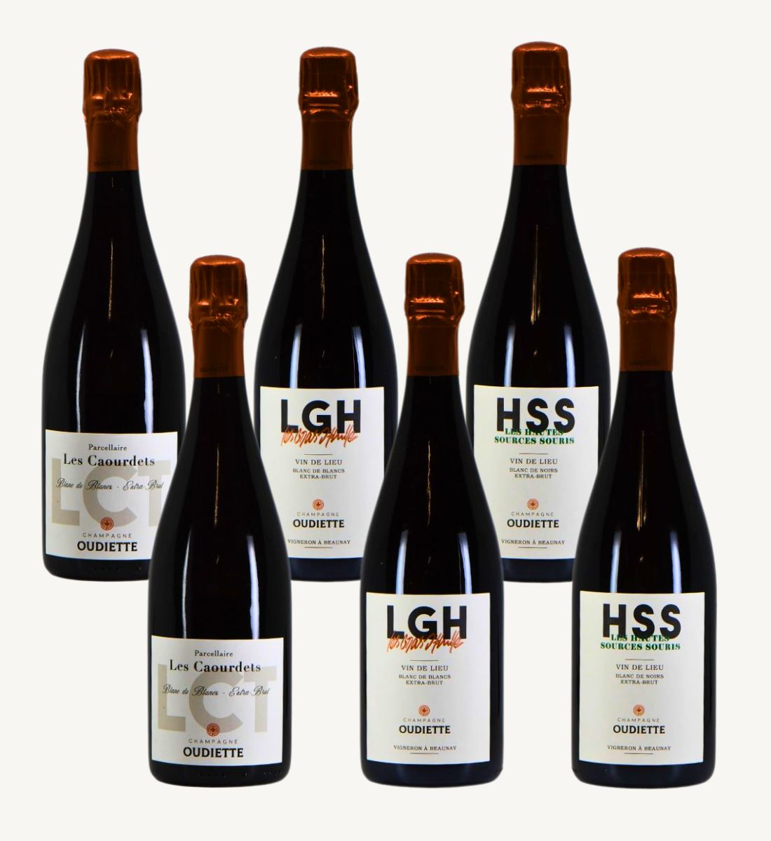 Mix 6 Bouteilles 75 cl – 2x Champagne “LGH” Parcellaire Les Gras d’Huile, 2x Champagne “HSS” Les Hautes Sources Souris & 2x Champagne “Les Caourdets” – Champagne Oudiette