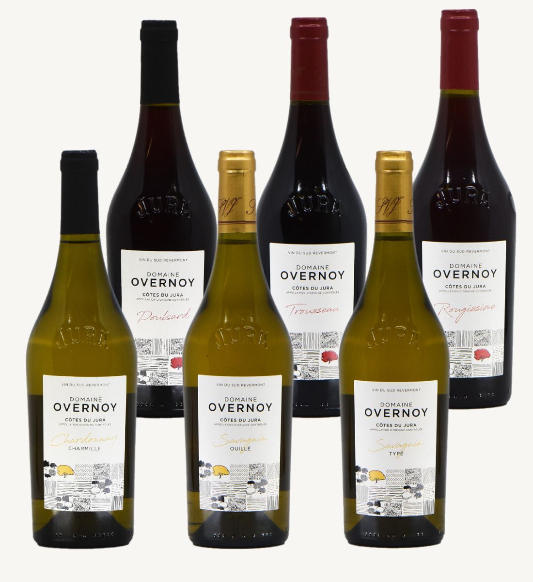 Mix 6 bouteilles 75 cl – 1x Côtes du Jura “Chardonnay Charmilles” 2023, 1x Côtes du Jura “Savagnin Ouillé” 2022, 1x Côtes du Jura “Savagnin Typé” 2021, 1x Côtes du Jura “Poulsard” 2023, 1x Côtes du Jura “Trousseau” 2023 & 1x Côtes du Jura “Rougissime” 2022 – Domaine Guillaume Overnoy