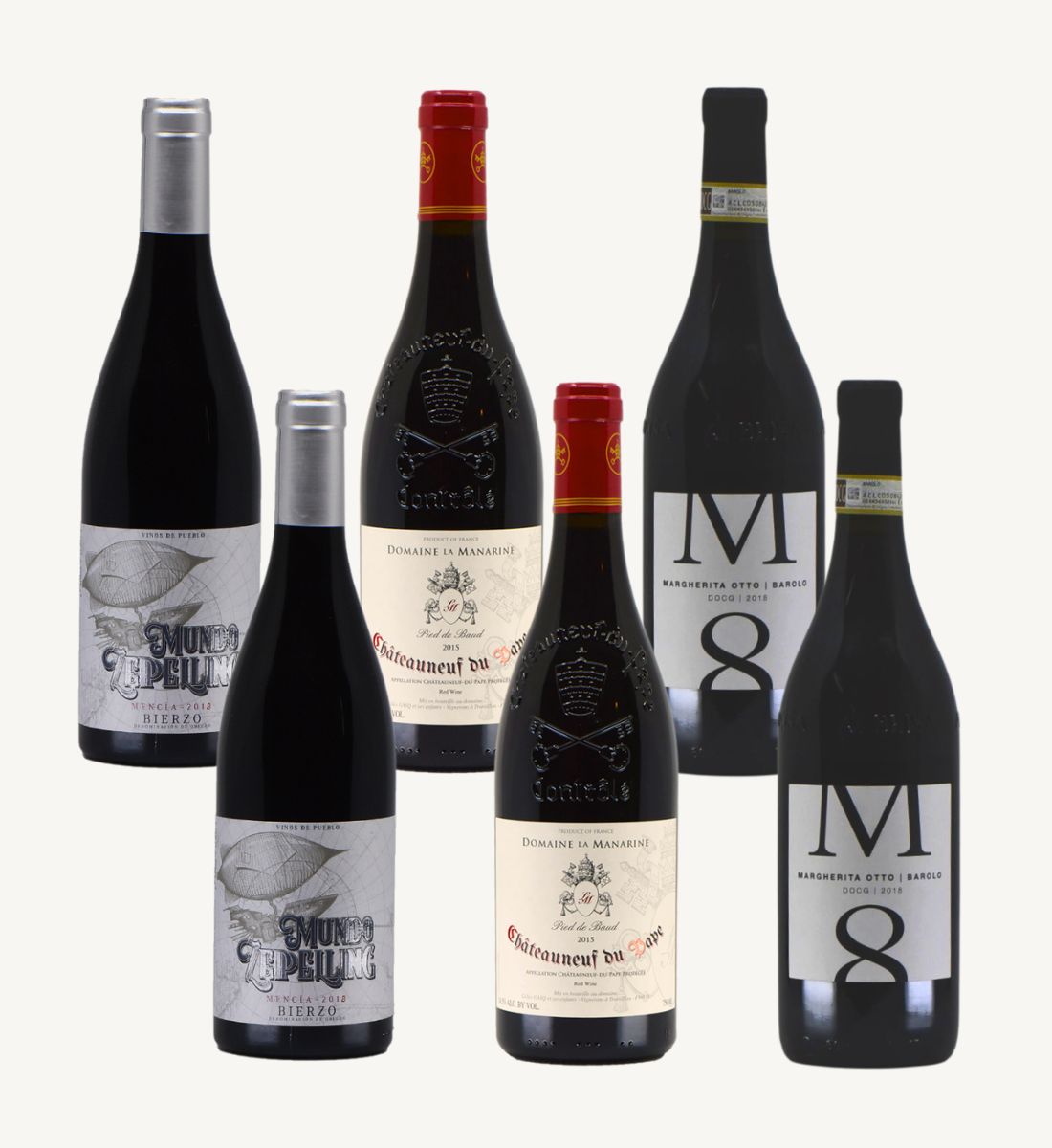 Mix 6 bouteilles 75 cl – 2x Bierzo “Mundo Zeppeling” 2018 Viños de Pueblo, 2x Chateauneuf du Pape 2022 Domaine la Manarine & 2x Barolo 2020 Az. Agr. Margherita Otto di Alan Manley