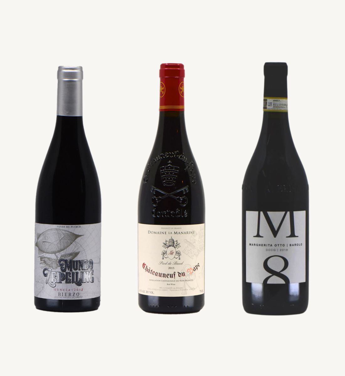 Mix 3 bouteilles 75 cl – 1x Bierzo “Mundo Zeppeling” 2018 Viños de Pueblo, 1x Châteauneuf du Pape 2022 Domaine la Manarine & 1x Barolo 2020 Az. Agr. Margherita Otto di Alan Manley